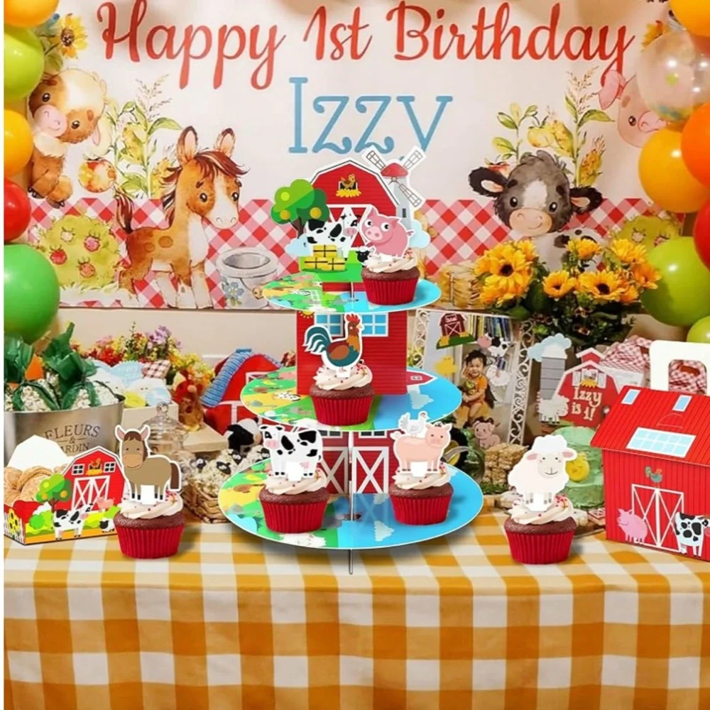 Farm Animal Cupcake Stand and Toppers Set